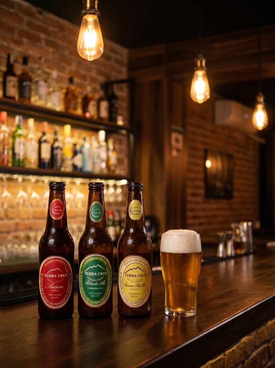 Botellas de cerveza Terra Cruz en la barra de un bar