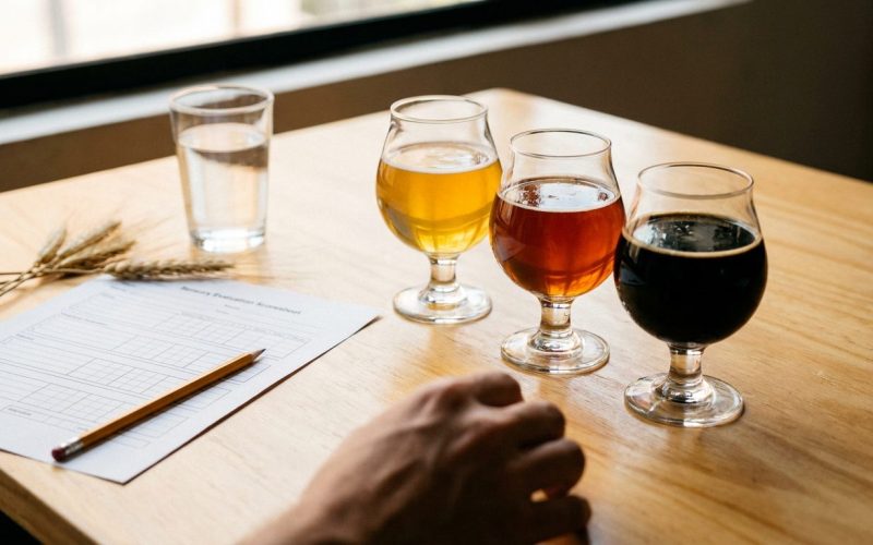 Copas de cata de cerveza con planilla de evaluación sensorial